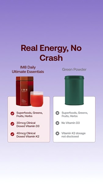 A vertical 9:16 comparison graphic pitting IM8 Daily Ultimate Essentials against generic green powder using a clear checkmark versus cross validation system.